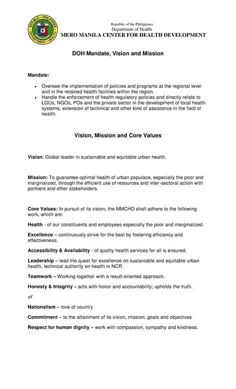 DOH Mandate, Vision and Mission.